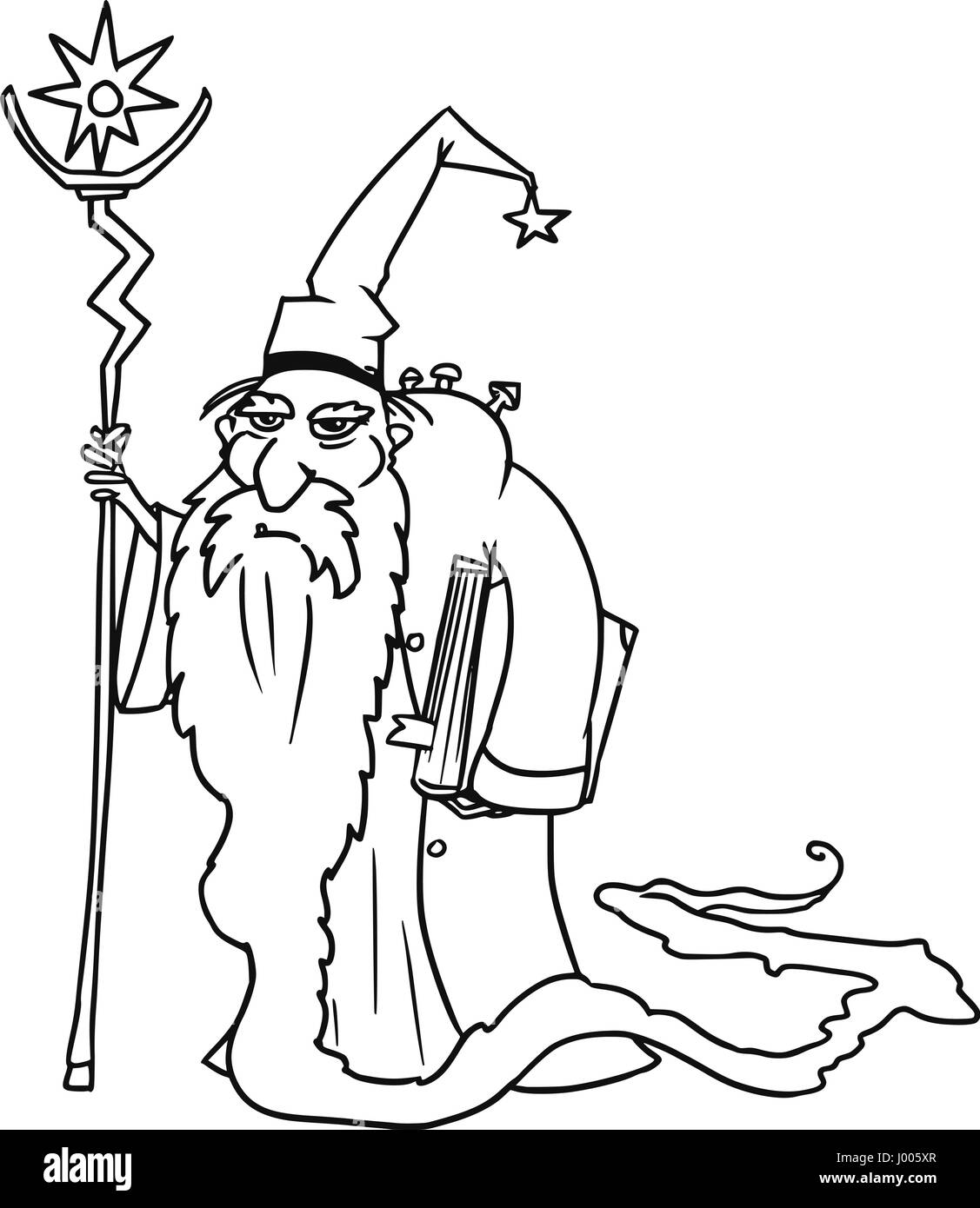 Vettore di Cartoon vecchia medievale fantasy wizard stregone o royal consigliere con Libro, personale e full-barba Illustrazione Vettoriale