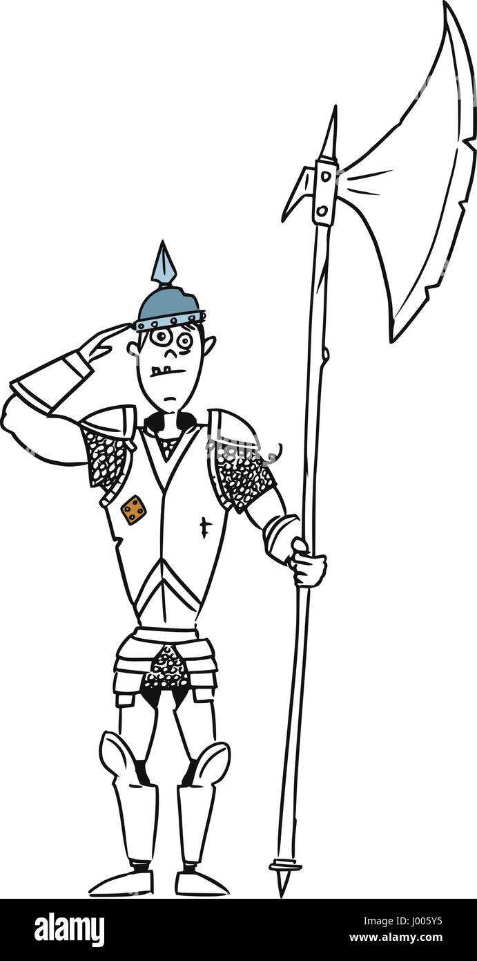 Vettore di fumetto fantasy cavaliere medievale royal guard soldato con armatura e alabarda ax Illustrazione Vettoriale