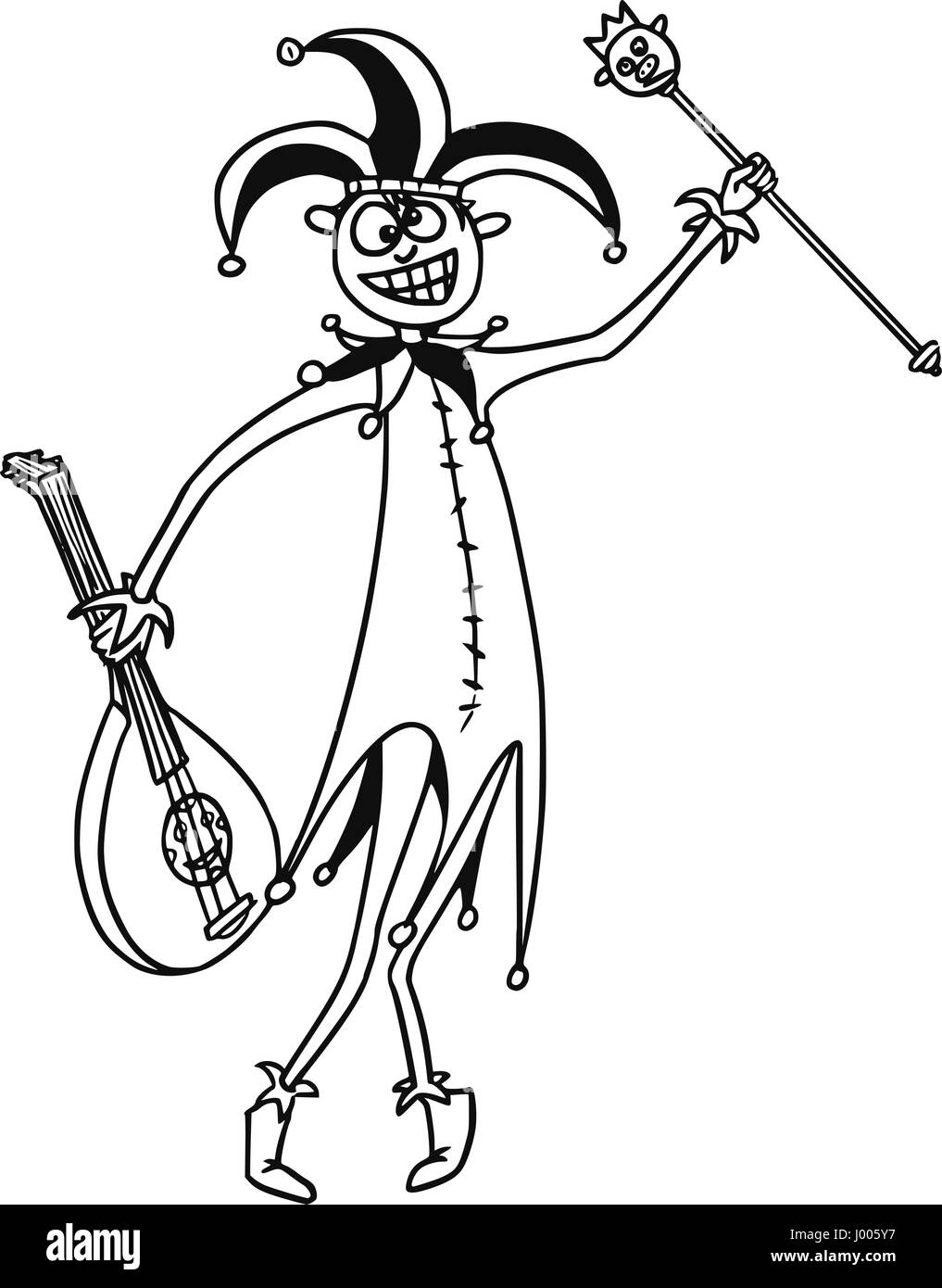 Vettore di fumetto fantasy buffone medievale pazzo clown buffone con hat, lo scettro e la cetra o la chitarra Illustrazione Vettoriale