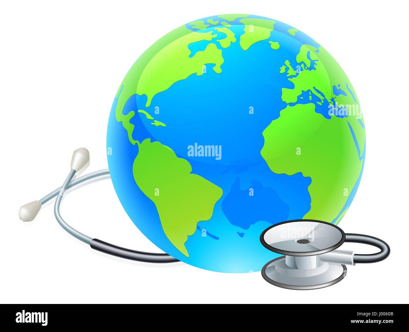 Illustrazione concettuale di uno stetoscopio avvolto intorno a una massa Globo mondo. Foto Stock