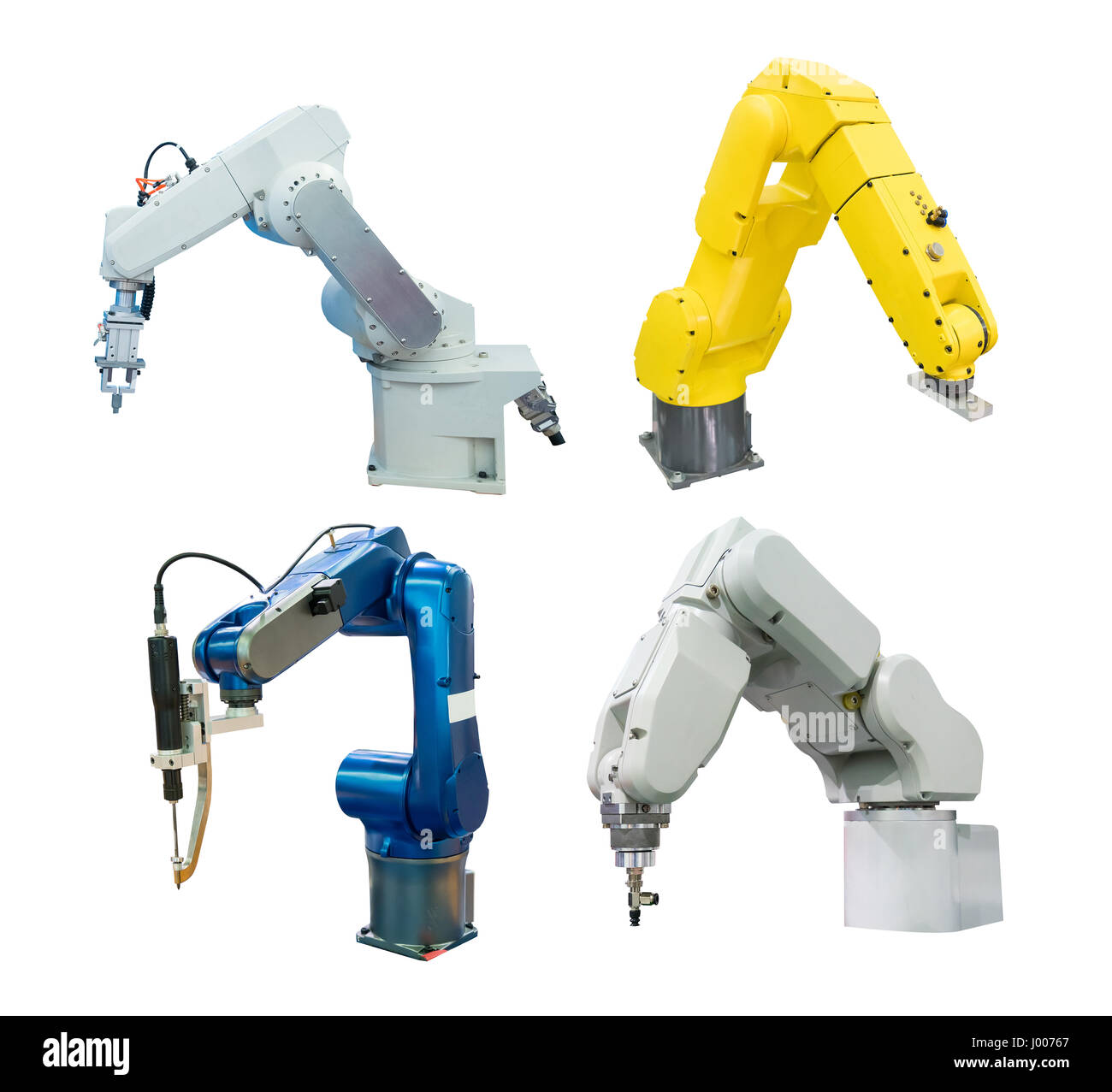 Raccolta di bracci robotici isolato su bianco,smart factory industry 4.0 concetto. Foto Stock