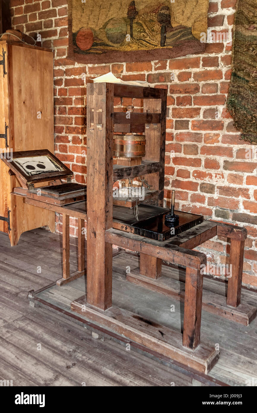 Ricreato stampa di Gutenberg nel castello teutonico in Gniew, Polonia Foto Stock