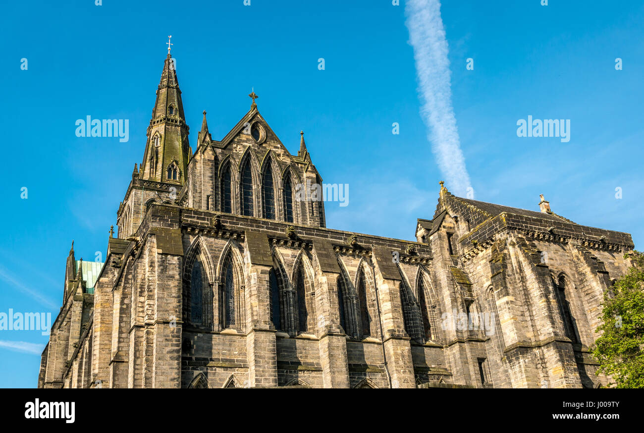 Chiesa di Scozia - la cattedrale di Glasgow, sulla soleggiata giornata di primavera con il blu del cielo e drammatici nuvola bianca di striature, Glasgow, Scotland, Regno Unito Foto Stock