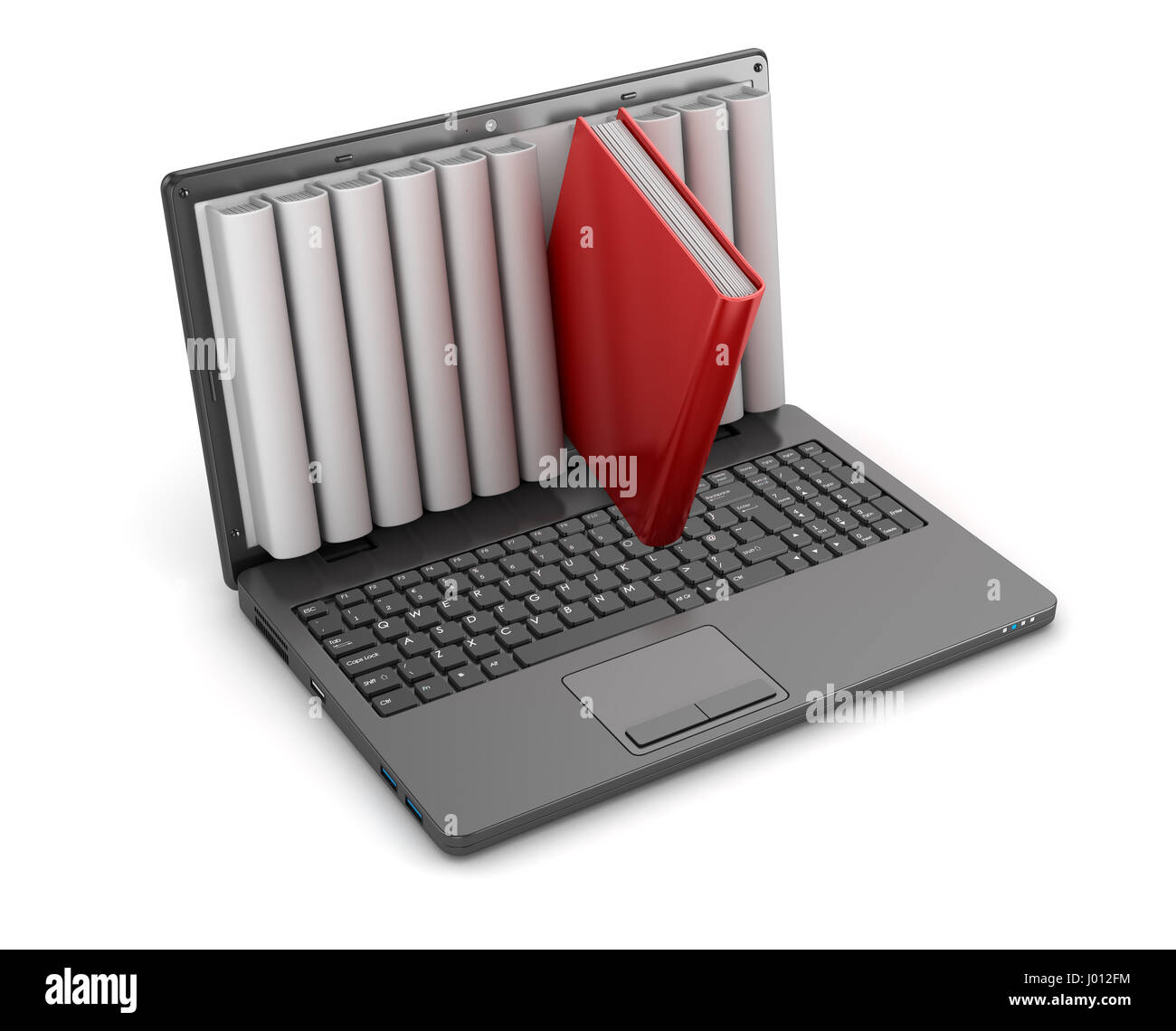 Libro diverso in uno schermo del notebook , questo è un rendering 3d generate computer immagine. Isolato su bianco. Foto Stock