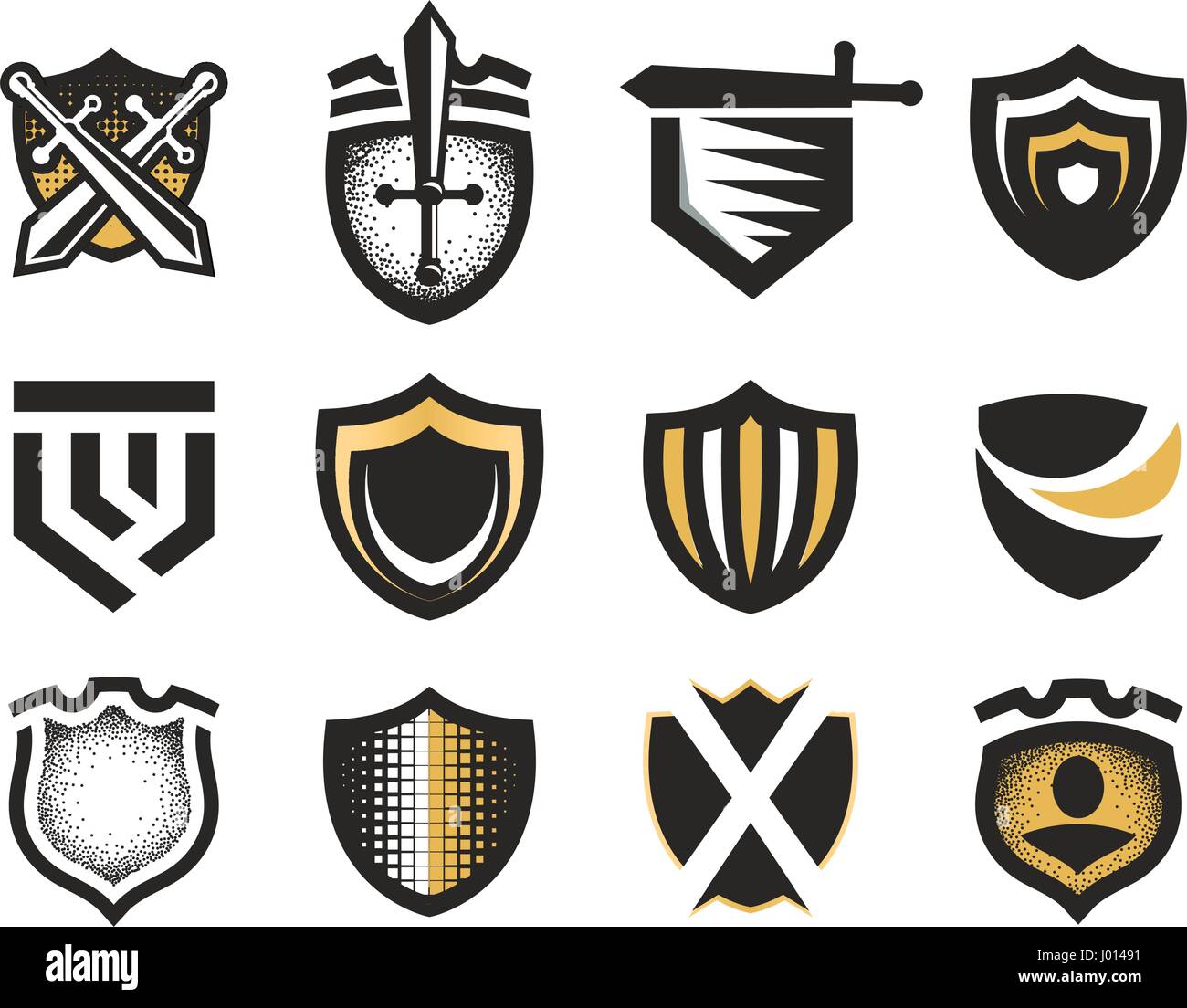 Isolato astratta scudi medievali logo impostare, stemma logotipi raccolta su sfondo bianco illustrazione vettoriale Illustrazione Vettoriale