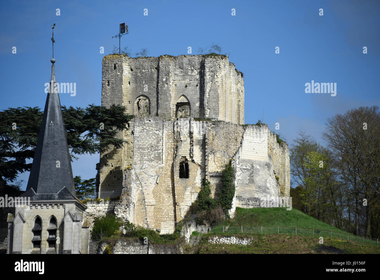 Il castello di Montrichard, chiesa Sainte-Croix, fiume Cher, Cher valley, Loir-et-Cher, Center-Val de Loire, Francia, Europa, centro per il Patrimonio Mondiale dell'UNESCO Foto Stock