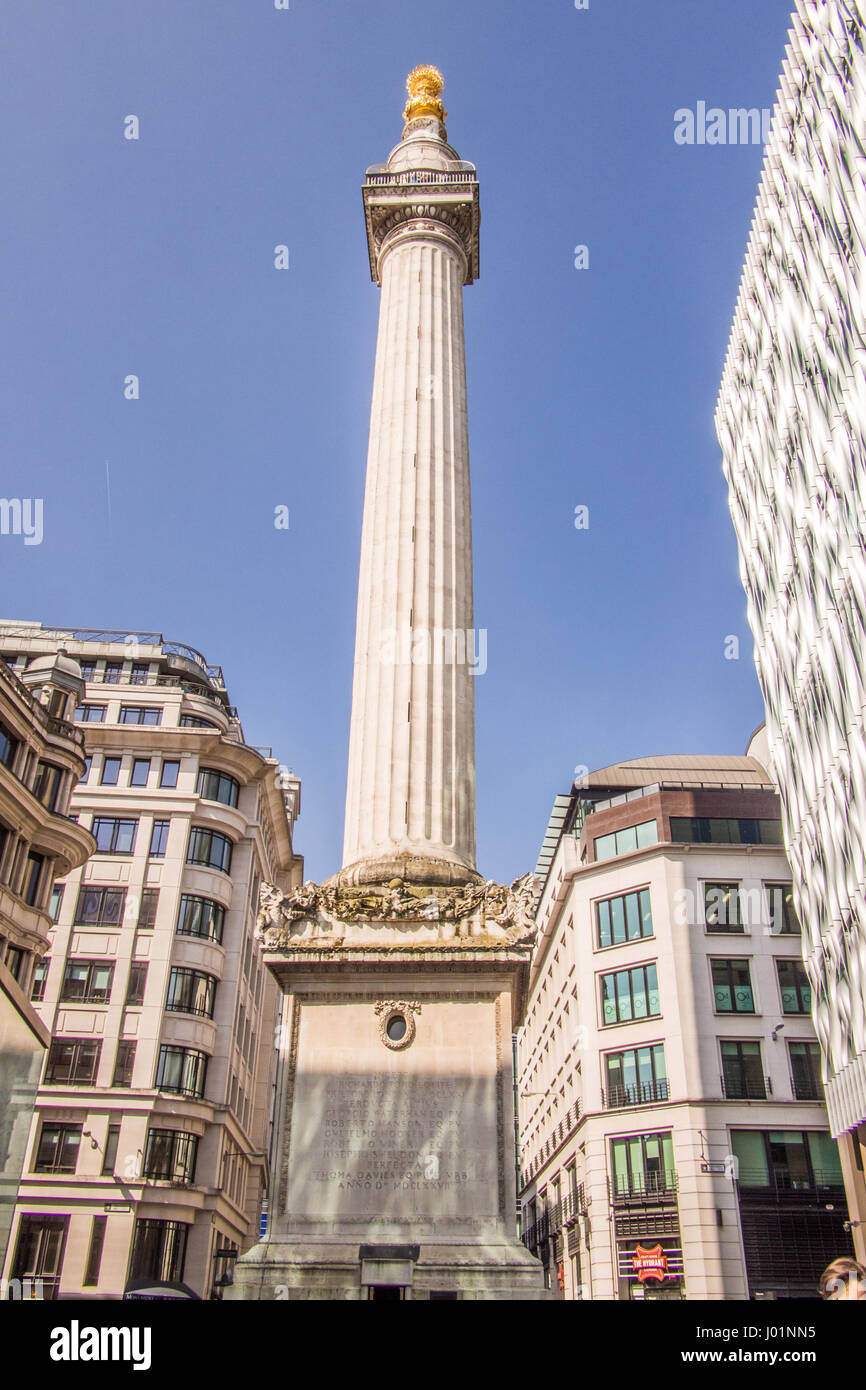 Il 'Monument' di Londra, desogned da Christopher Wren per commemorare il Grande Incendio di Londra (1666). Foto Stock