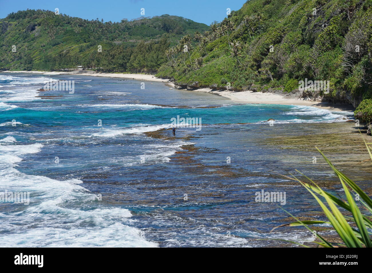 Costa dell'isola di Rurutu con la spiaggia ed il litorale roccioso, Polinesia francese, Austal arcipelago, oceano pacifico del sud Foto Stock