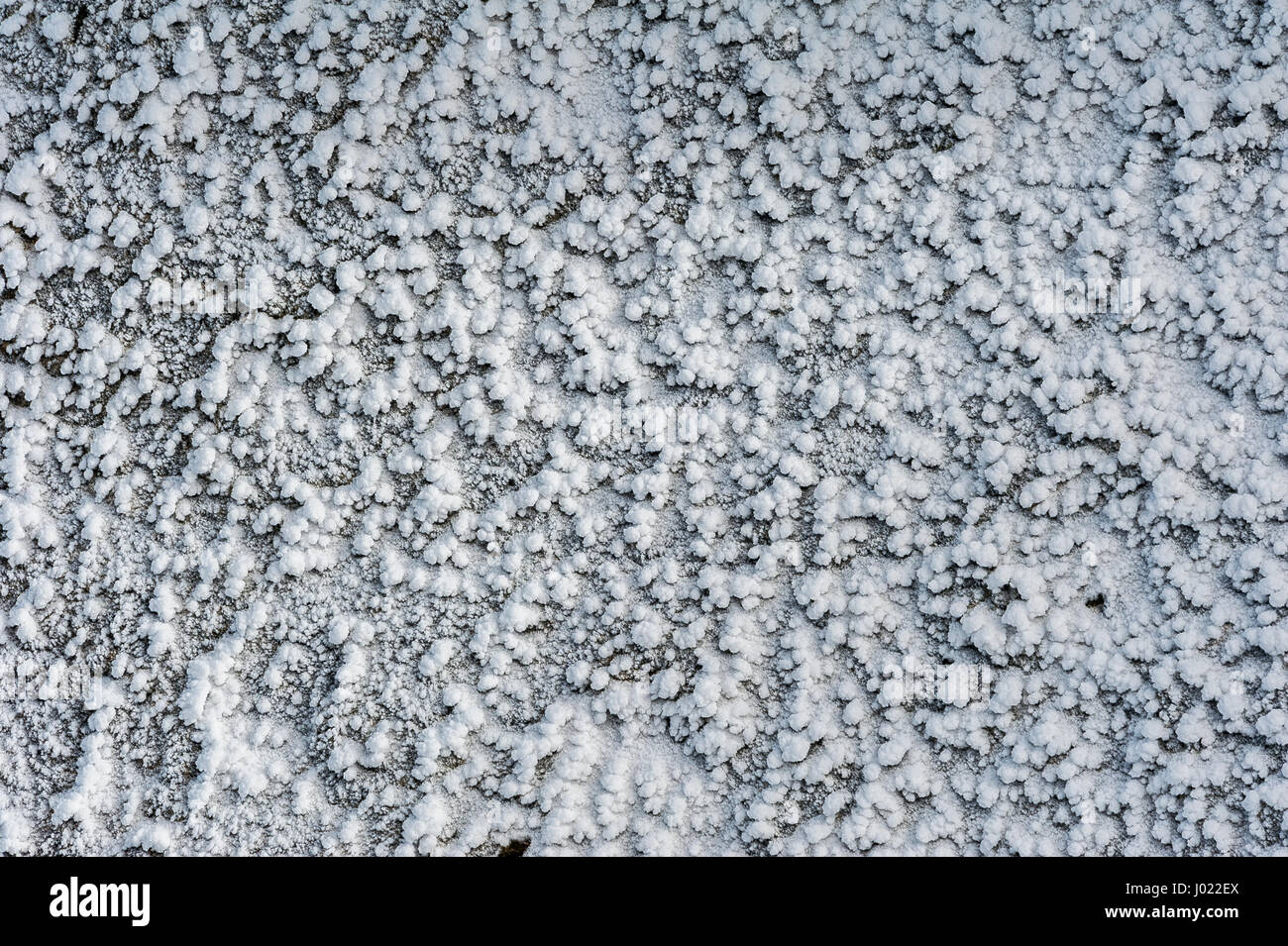 I cristalli di ghiaccio e la superficie trasformata per forte gradiente formato da congelare durante la notte su rockface d'inverno. Foto Stock