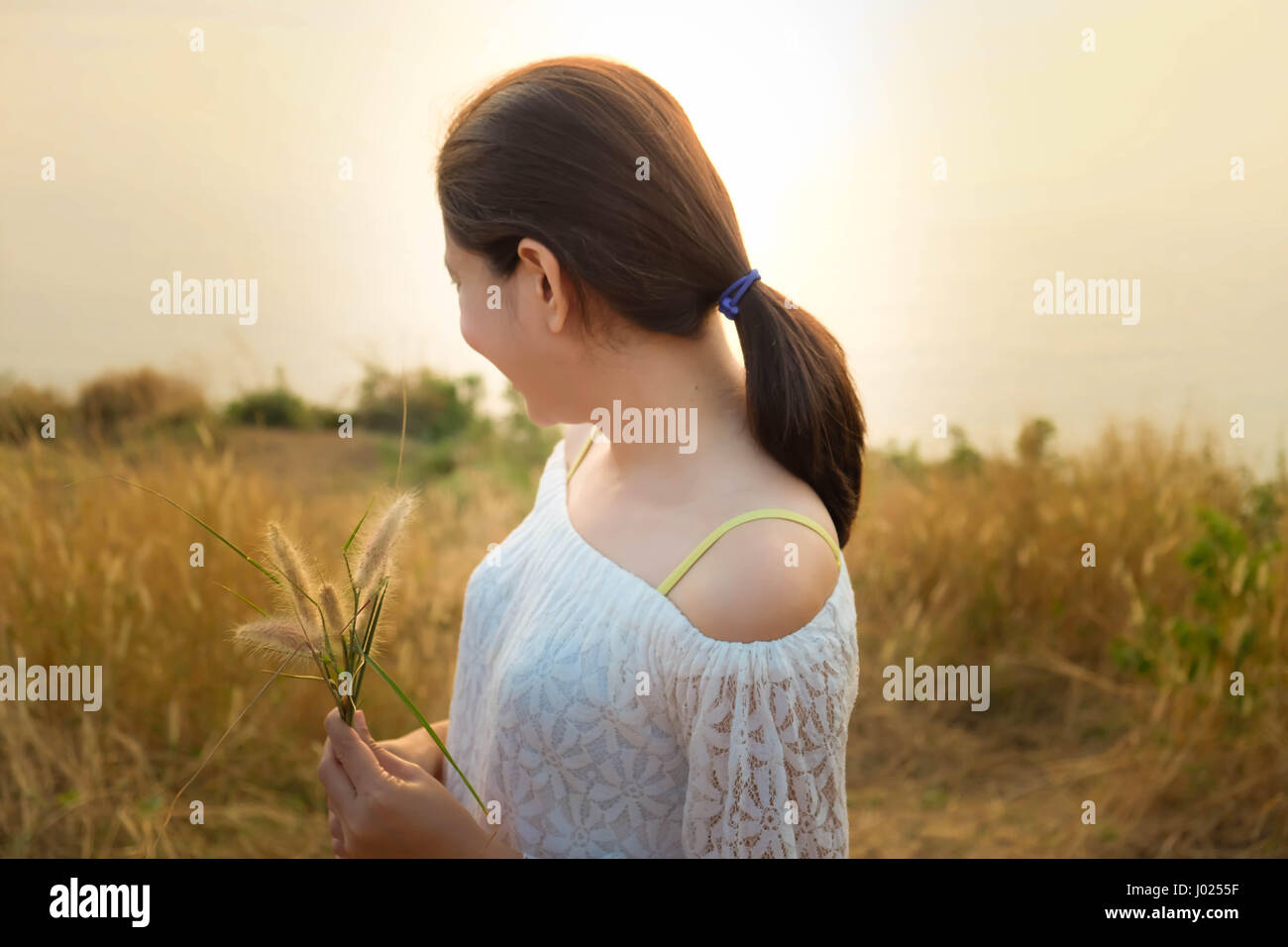 Ragazza asiatica su una verde e giallo campo di erba erba tenuta in mano, Phuket, Tailandia Foto Stock