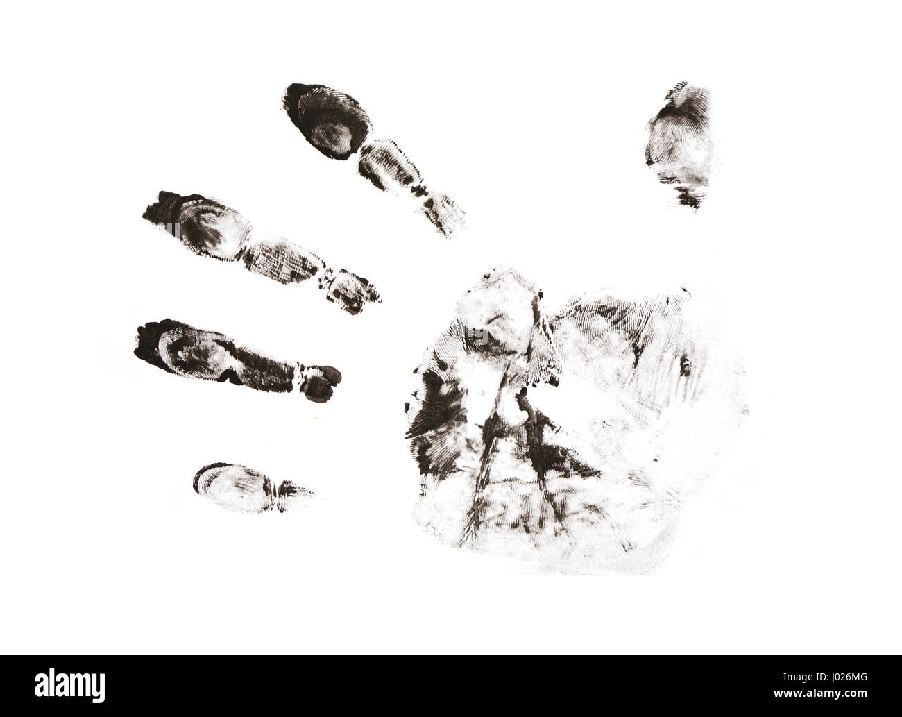 Il concetto di criminalità. Impronte digitali nero closeup su sfondo bianco Foto Stock