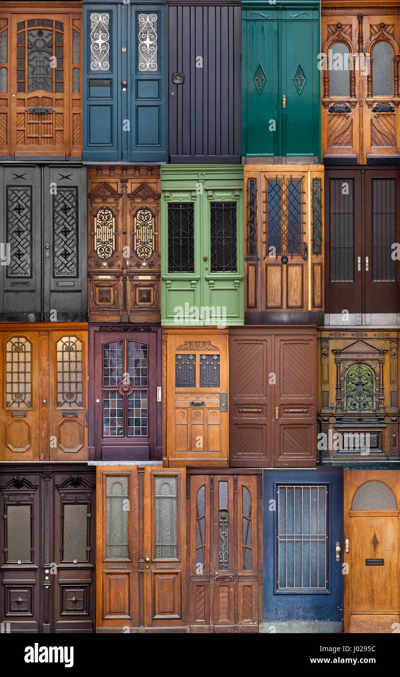 20 diversi fronte europeo portoni. set di colorati porte in legno Foto Stock