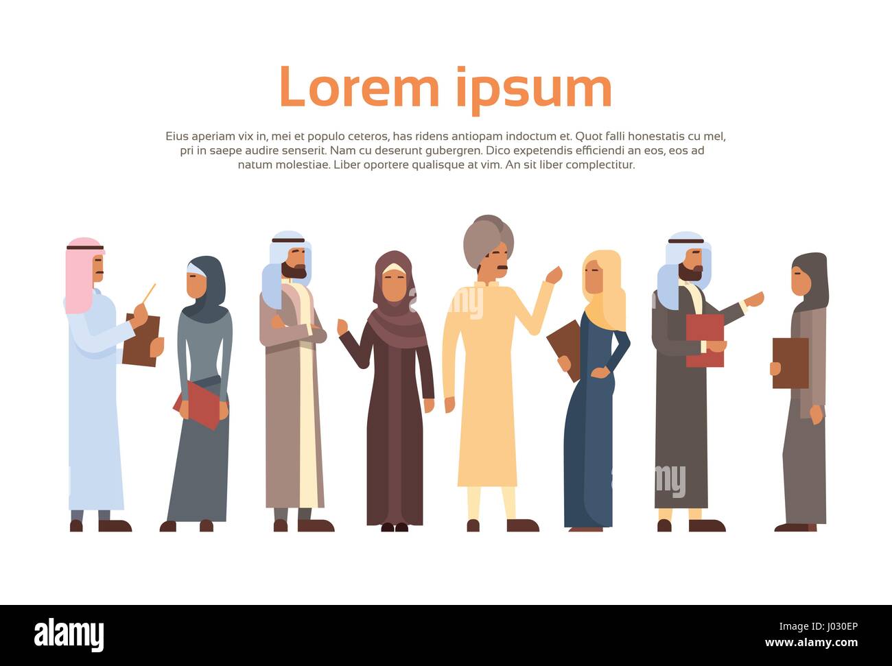 La gente musulmana Crown Business Uomo e donna abiti tradizionali caratteri arabi Illustrazione Vettoriale