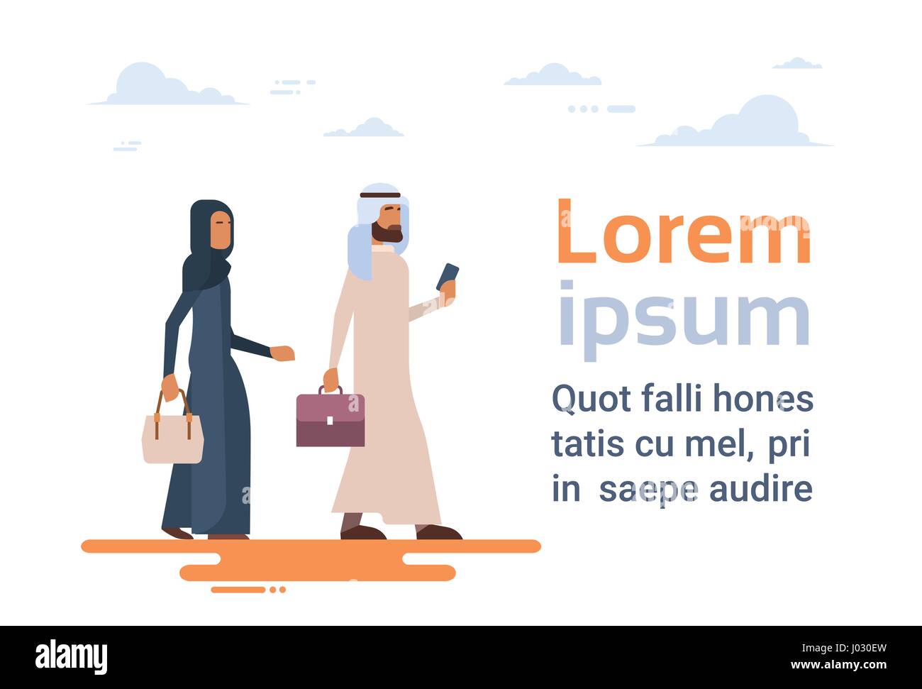 Arab giovane popolo musulmano Business Uomo e donna abiti tradizionali caratteri arabi Illustrazione Vettoriale