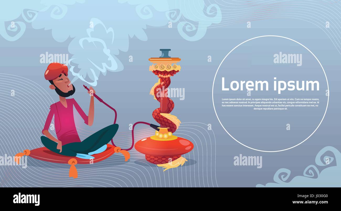Uomo arabo di fumare narghilè tubo seduto sul pavimento Illustrazione Vettoriale
