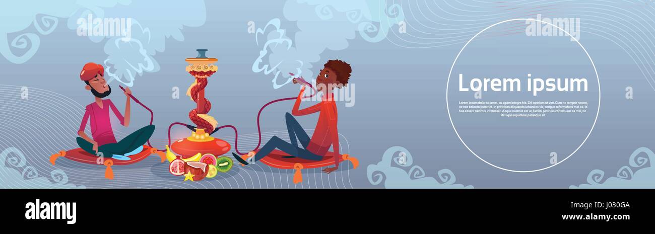 Uomo arabo di fumare narghilè tubo seduto sul pavimento Illustrazione Vettoriale