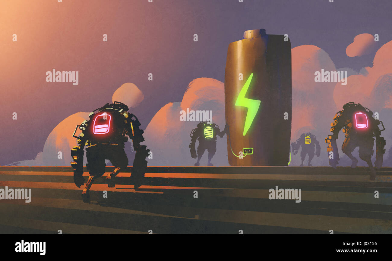 Scena di robot con energia tenta lo stato di carica della batteria in corrispondenza della stazione, illustrazione pittura Foto Stock