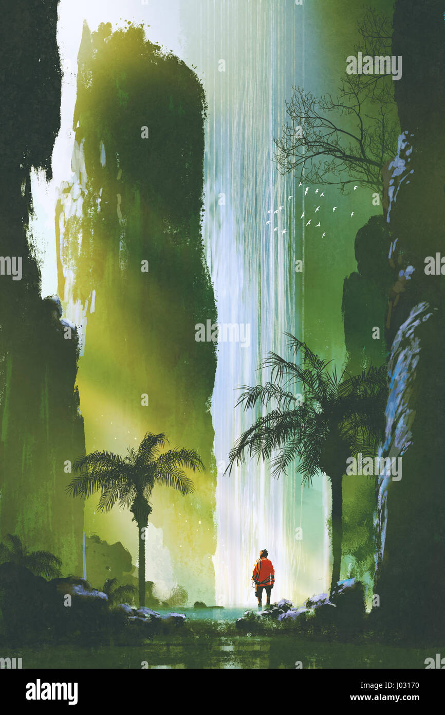 Scenario di un uomo che guarda la magnifica cascata nella grotta di roccia con il bel sole luce,illustrazione pittura Foto Stock