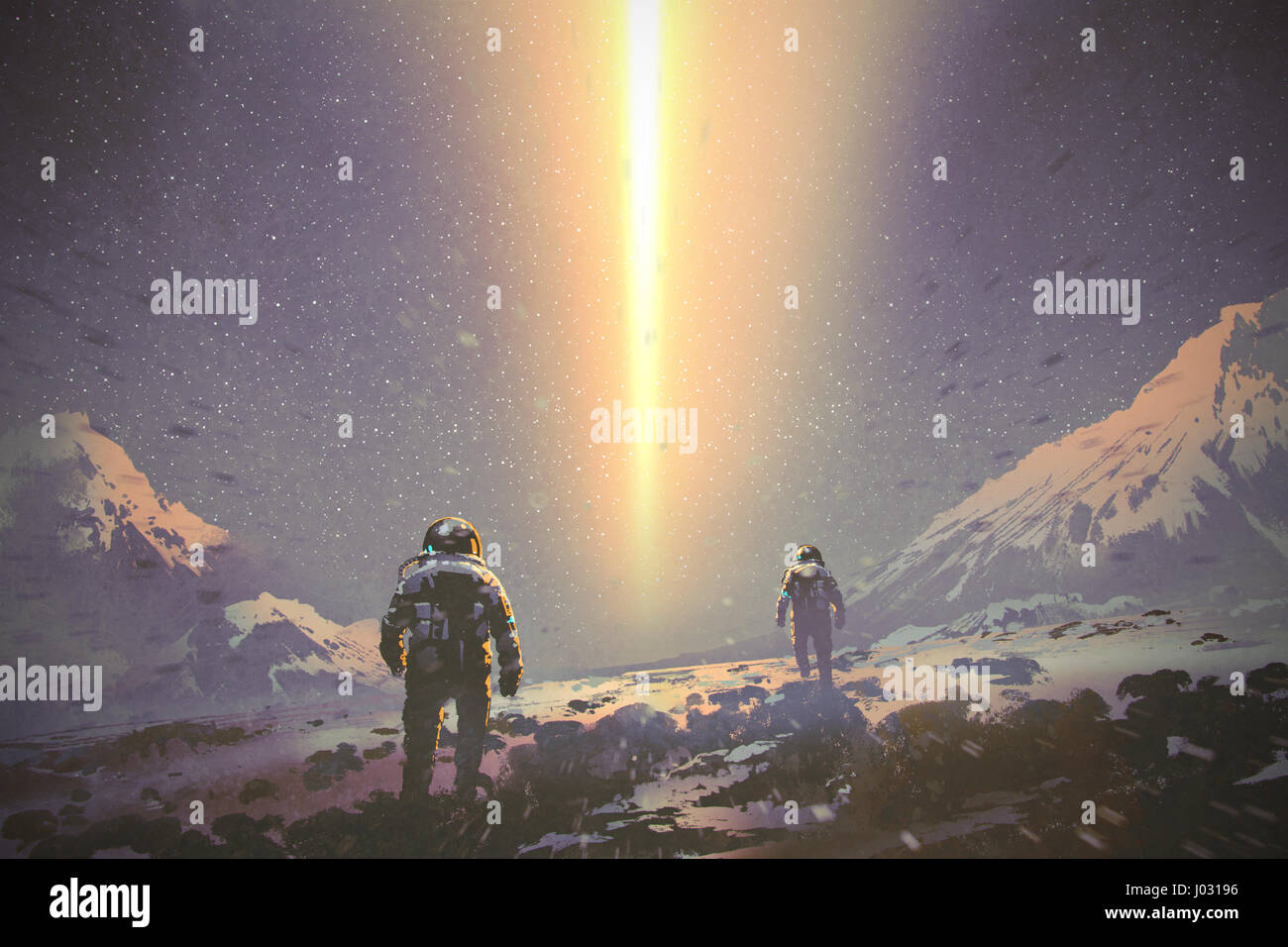 Gli astronauti a piedi al mistero del fascio di luce dal cielo, sci-fi concetto, illustrazione pittura Foto Stock