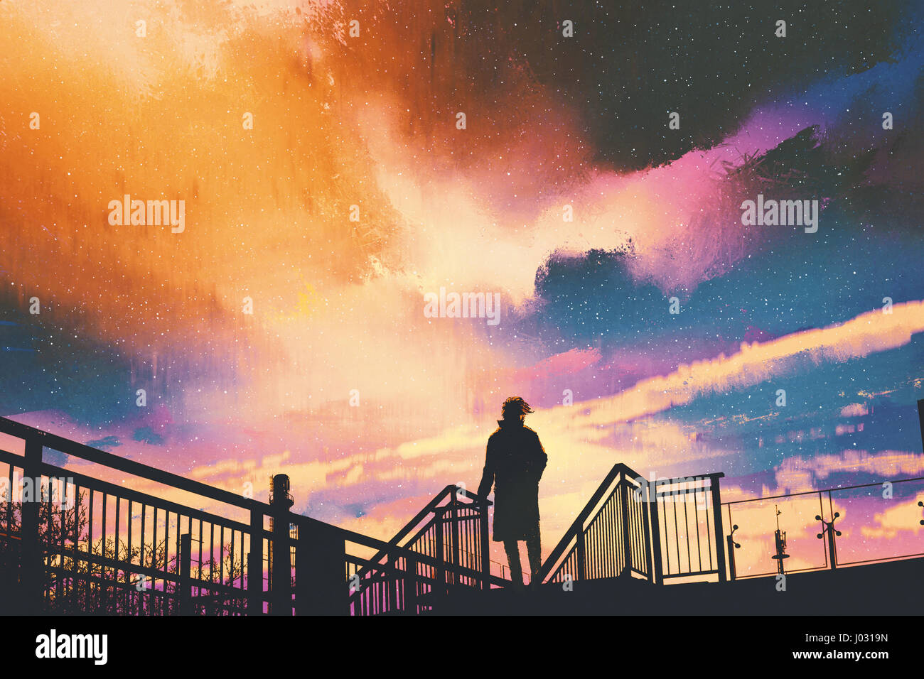 Silhouette di un uomo in piedi su passerella contro Sly colorati, illustrazione pittura Foto Stock