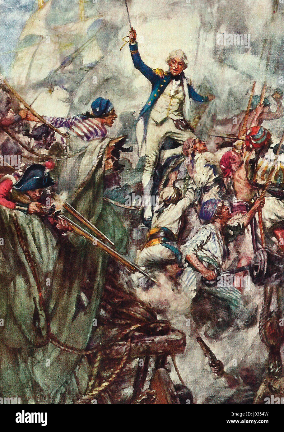 Nelson di salire a bordo del San Josef alla battaglia a largo di Capo di Vincent Foto Stock