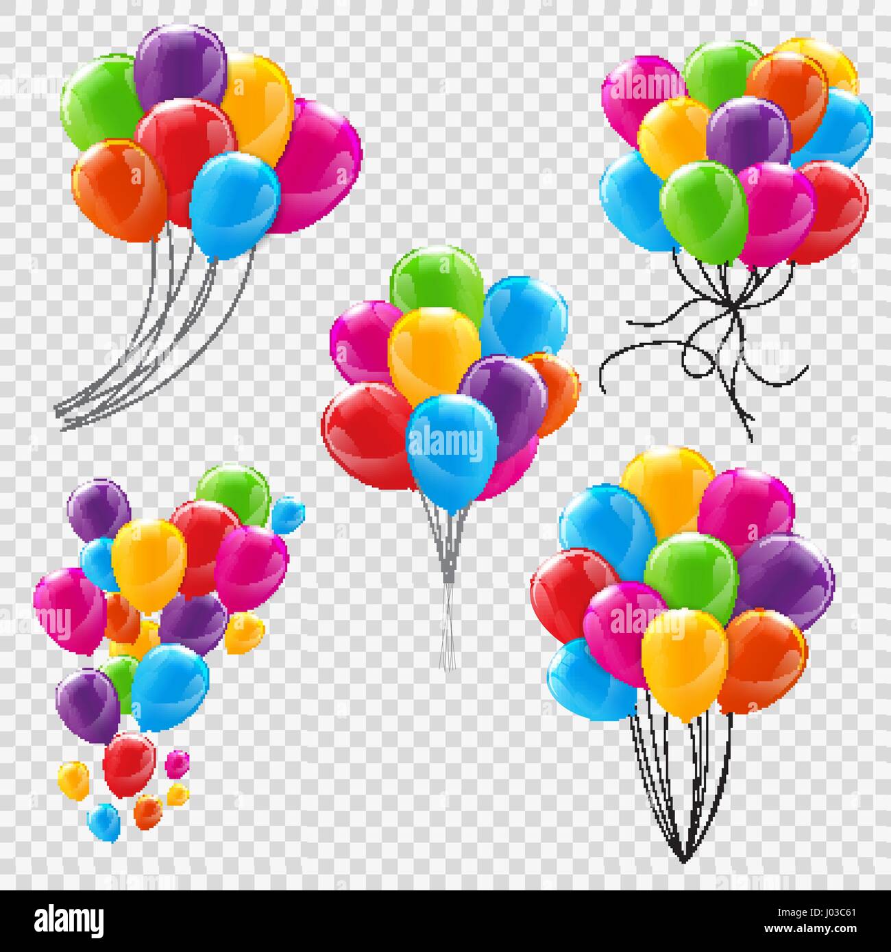 Impostare, i grappoli e gruppi di colore lucido palloncini Elio isolato Illustrazione Vettoriale