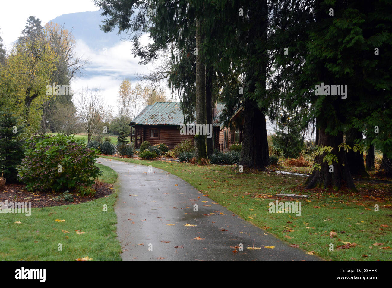 Un lussuoso log cabin su un curato di tenuta in corrispondenza del bordo della foresta vicino alla città di Harrison Mills, British Columbia, Canada. Foto Stock