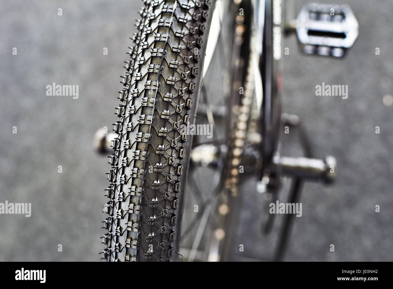 Off-road di pneumatici su una bicicletta di montagna sport Foto Stock