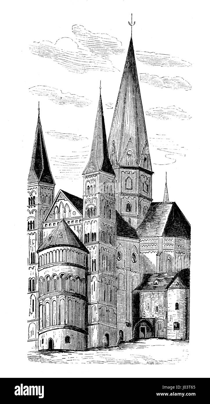 Vintage incisione di Bonn Minster, la chiesa cattolica romana a Bonn - Germania costruito alla fine dell' VIII secolo nel periodo carolingio come San Cassiusn e San Florentius stift chiesa. Foto Stock