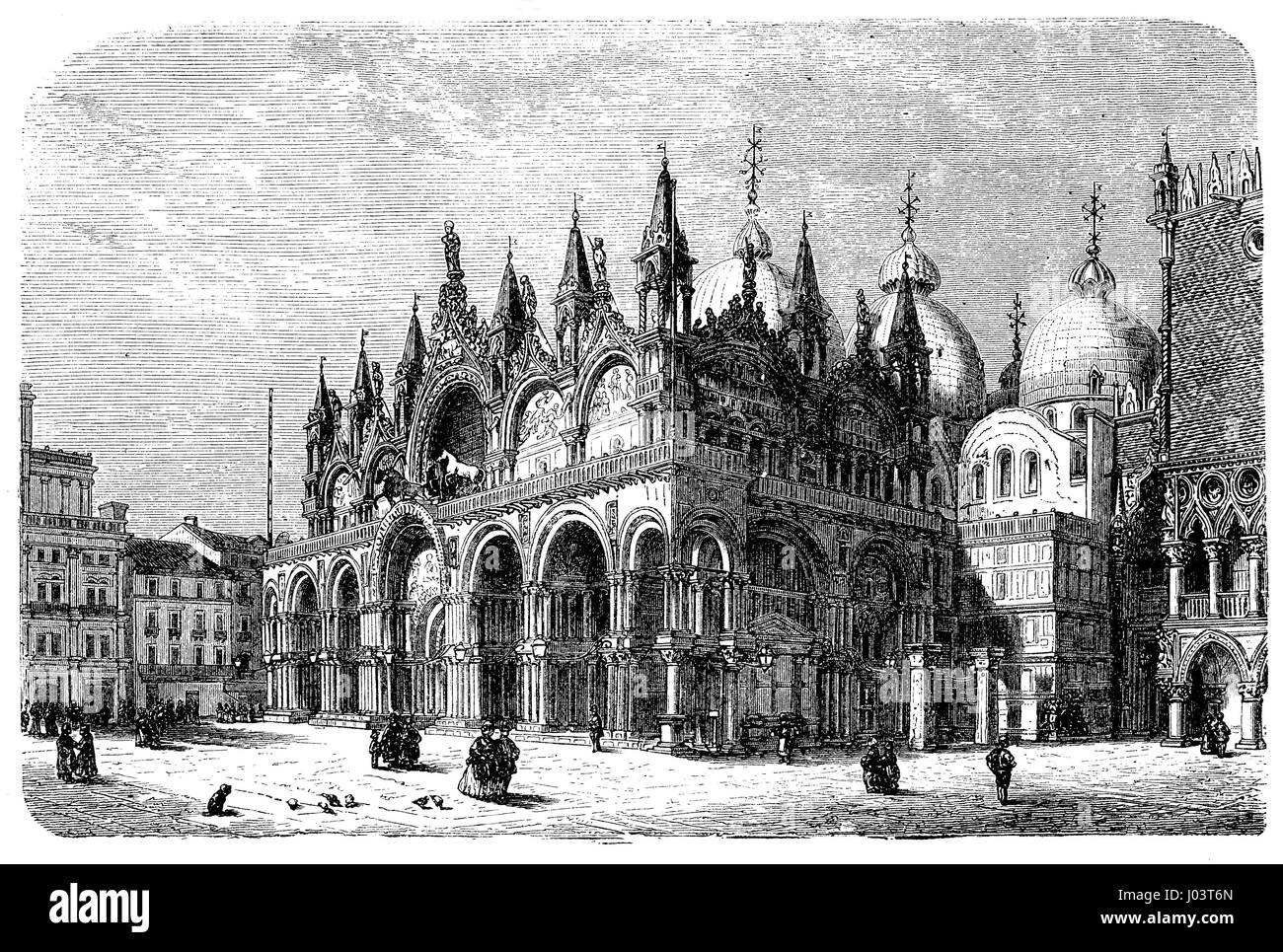 Incisione vintage della Basilica di San Marco a Venezia, Italia.costruito a partire dal VIII secolo XII in Italiano in stile bizantino, denominata la chiesa di oro per la sua opulenza, simbolo della ricchezza veneziano Foto Stock