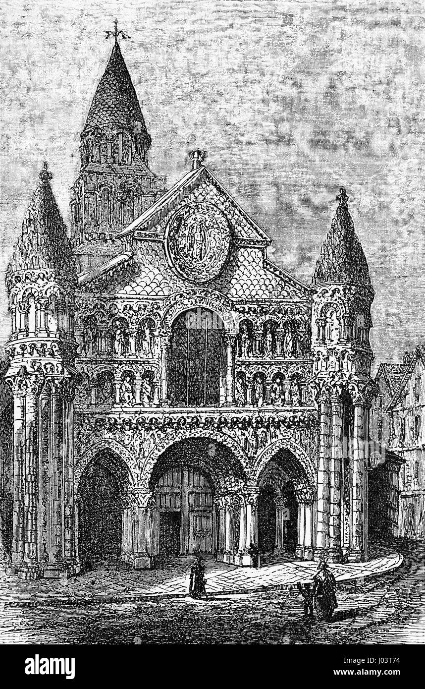 Vintage incisione di Notre Dame la Grande, la chiesa cattolica romana a  Poitiers, Francia, capolavoro in