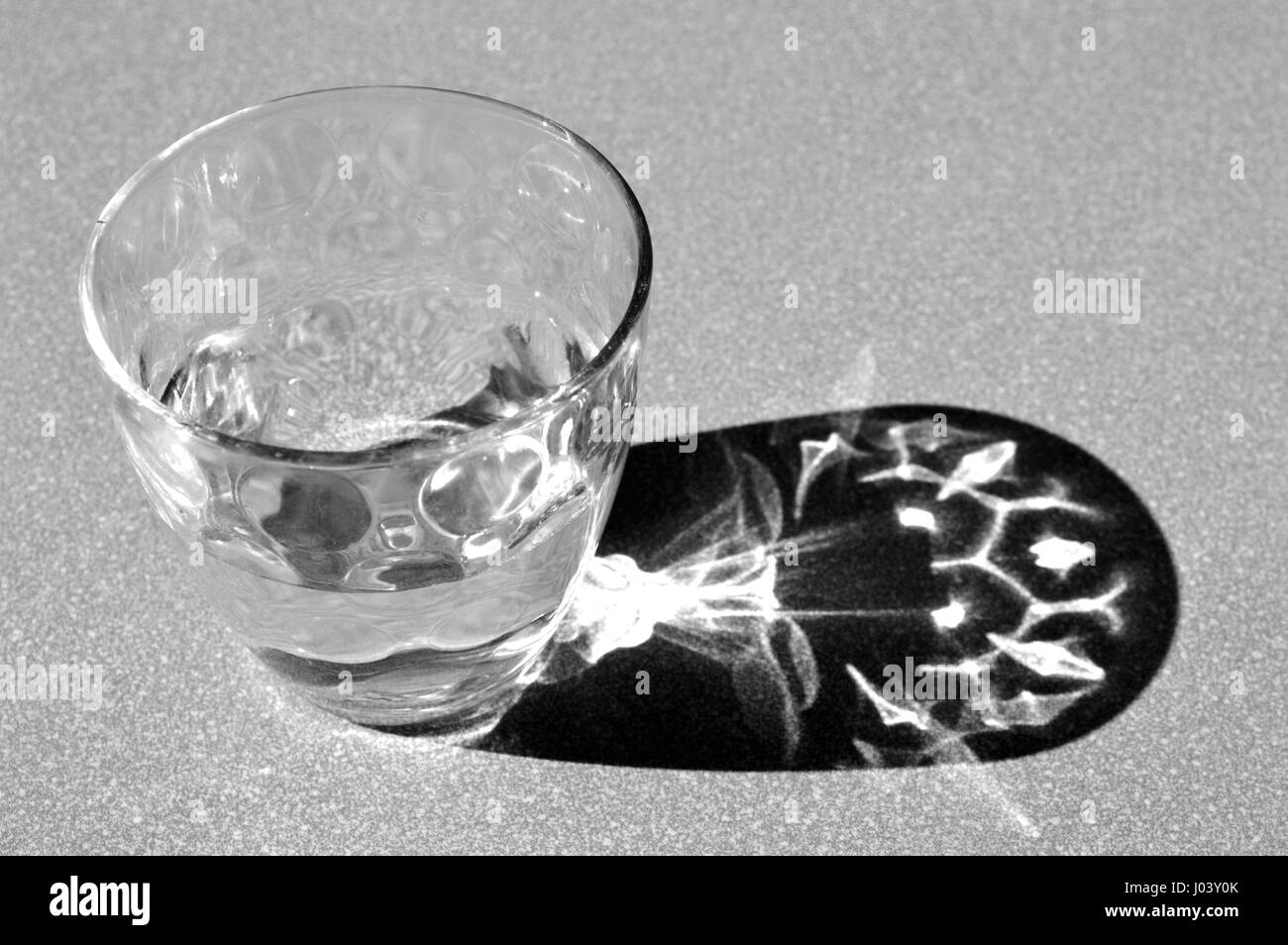 Monocromatico della riflessione di un bicchiere di acqua sotto il sole Foto Stock