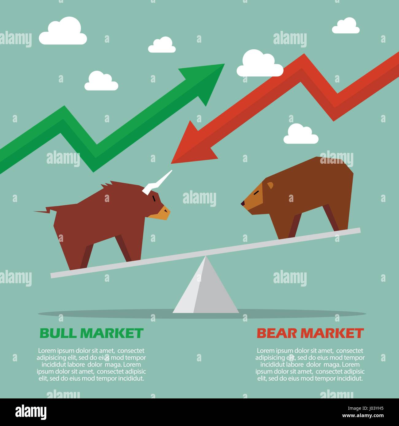 Bull e recare sulla bilancia Una infografica. Simbolo del mercato azionario Illustrazione Vettoriale