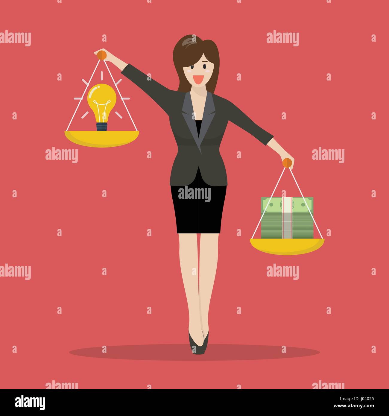 Business donna idea di bilanciamento e di denaro in due vassoi di pesatura su entrambe le mani. Illustrazione Vettoriale Illustrazione Vettoriale