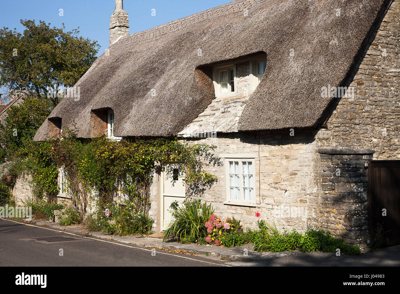 Un cottage con tetto di paglia nel villaggio di Corffe Castello, Dorset nel luminoso pomeriggio di sole Foto Stock