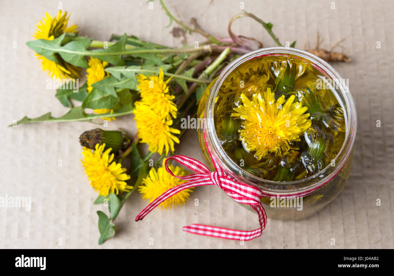 Fiori di tarassaco con olio in casa vista superiore Foto Stock