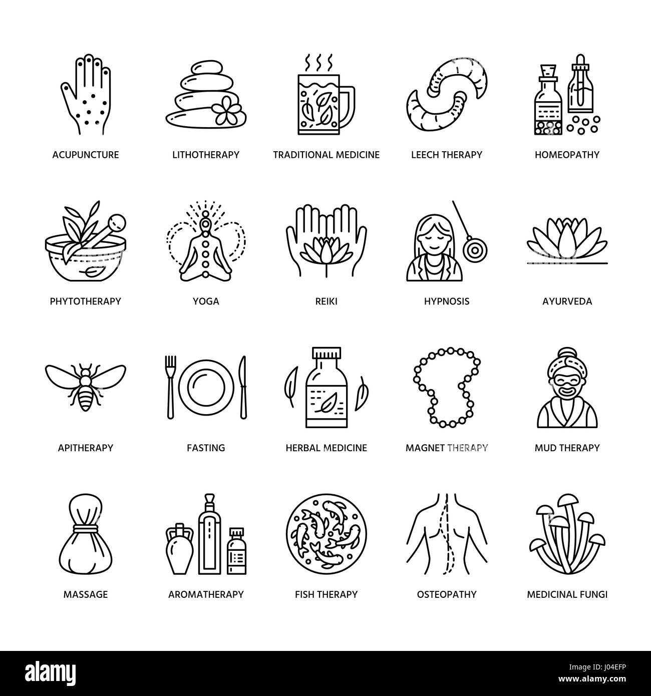 Medicina alternativa le icone della linea. Naturopatia, trattamento tradizionale, omeopatia, osteopatia, pesce a base di erbe e la terapia di sanguisuga. Sottile segni lineare per il centro sanitario Illustrazione Vettoriale