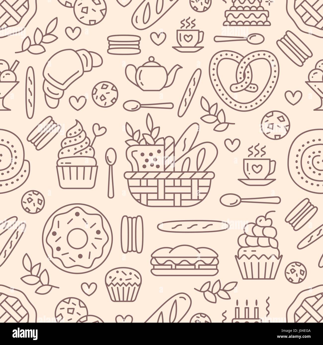 Panificio seamless pattern, vettore alimentare sullo sfondo di colore beige. Prodotti dolciari sottile linea icone - torta, croissant, muffin, pasticceria, tortina, torta. Carino illustrazione ripetuta per il negozio di dolci Illustrazione Vettoriale