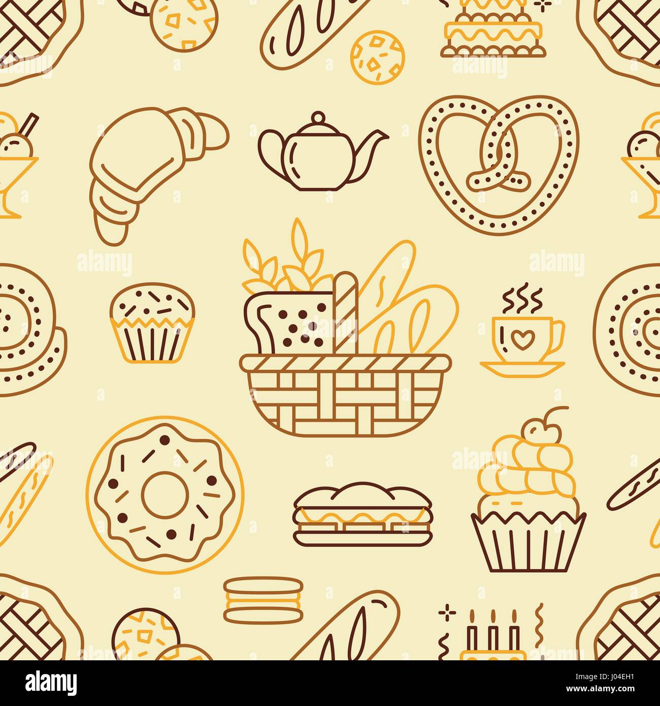 Panificio seamless pattern, vettore alimentare sullo sfondo di colore beige. Prodotti dolciari sottile linea icone - torta, croissant, muffin, pasticceria, tortina, torta. Carino illustrazione ripetuta per il negozio di dolci Illustrazione Vettoriale