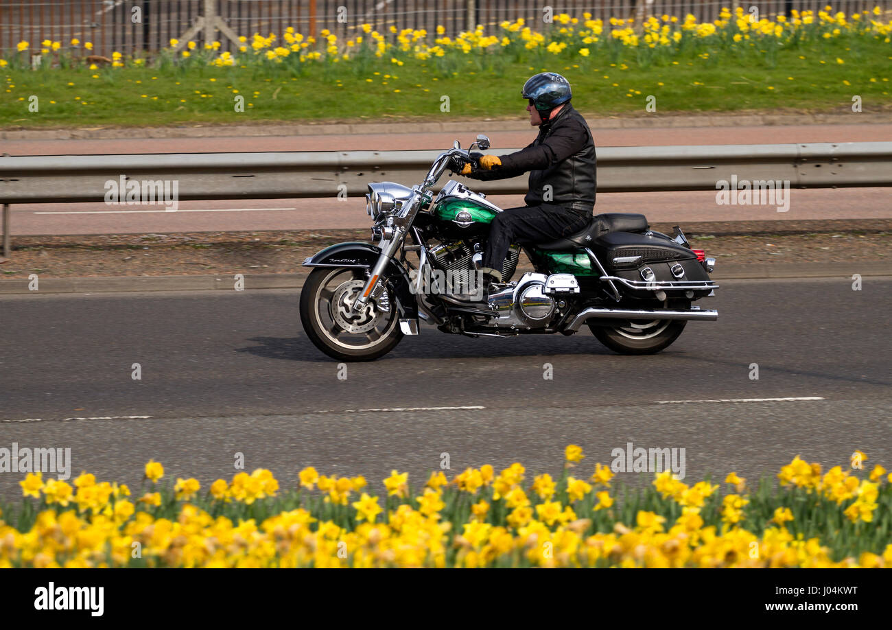 Una Harley Davidson Road King Classic moto viaggia lungo il Kingsway West a doppia carreggiata a Dundee, Regno Unito Foto Stock