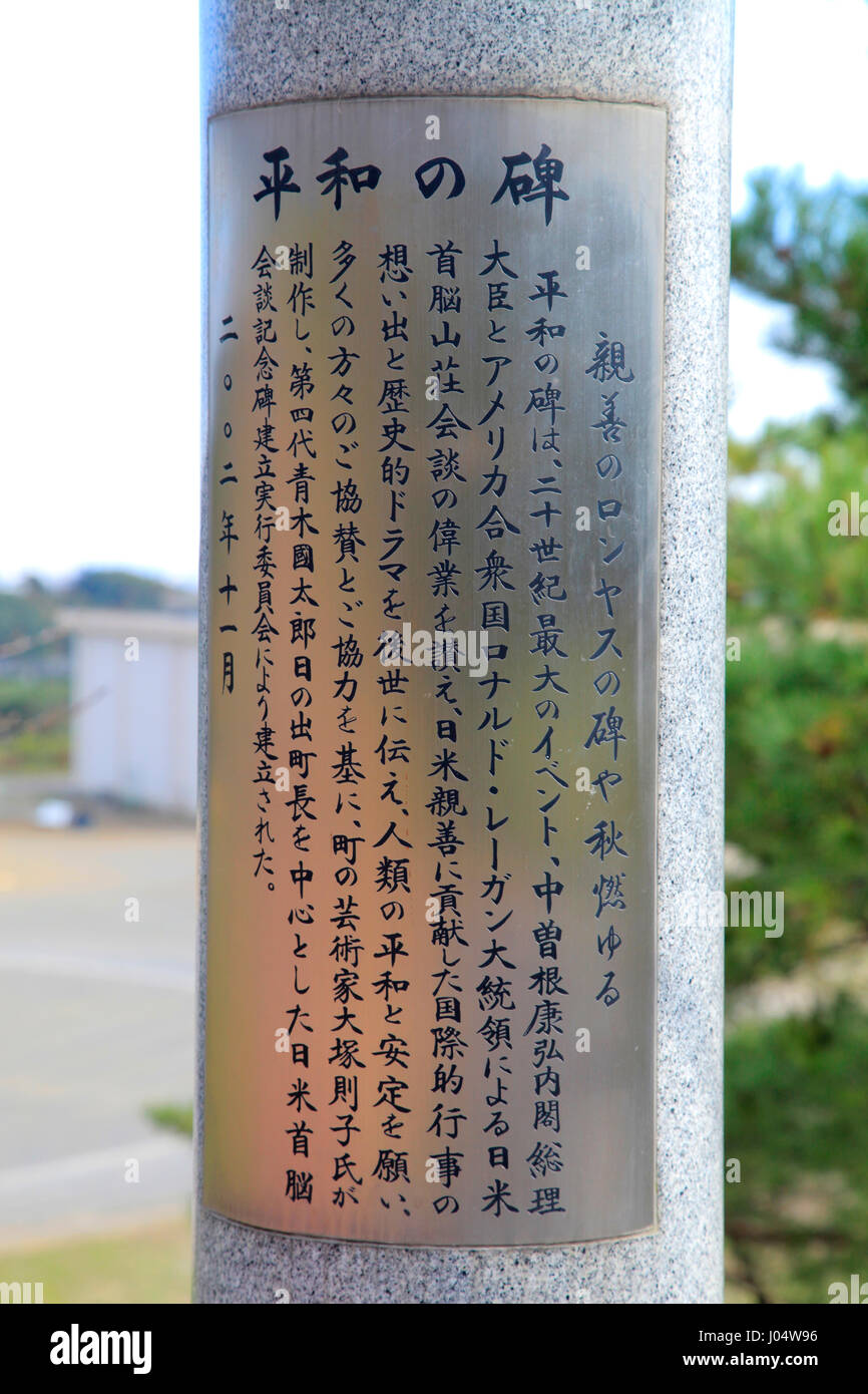 Una spiegazione della piastra il monumento alla pace, Commemorazione U.S. Giappone Vertice di Hinode-machi Tokyo Giappone Foto Stock