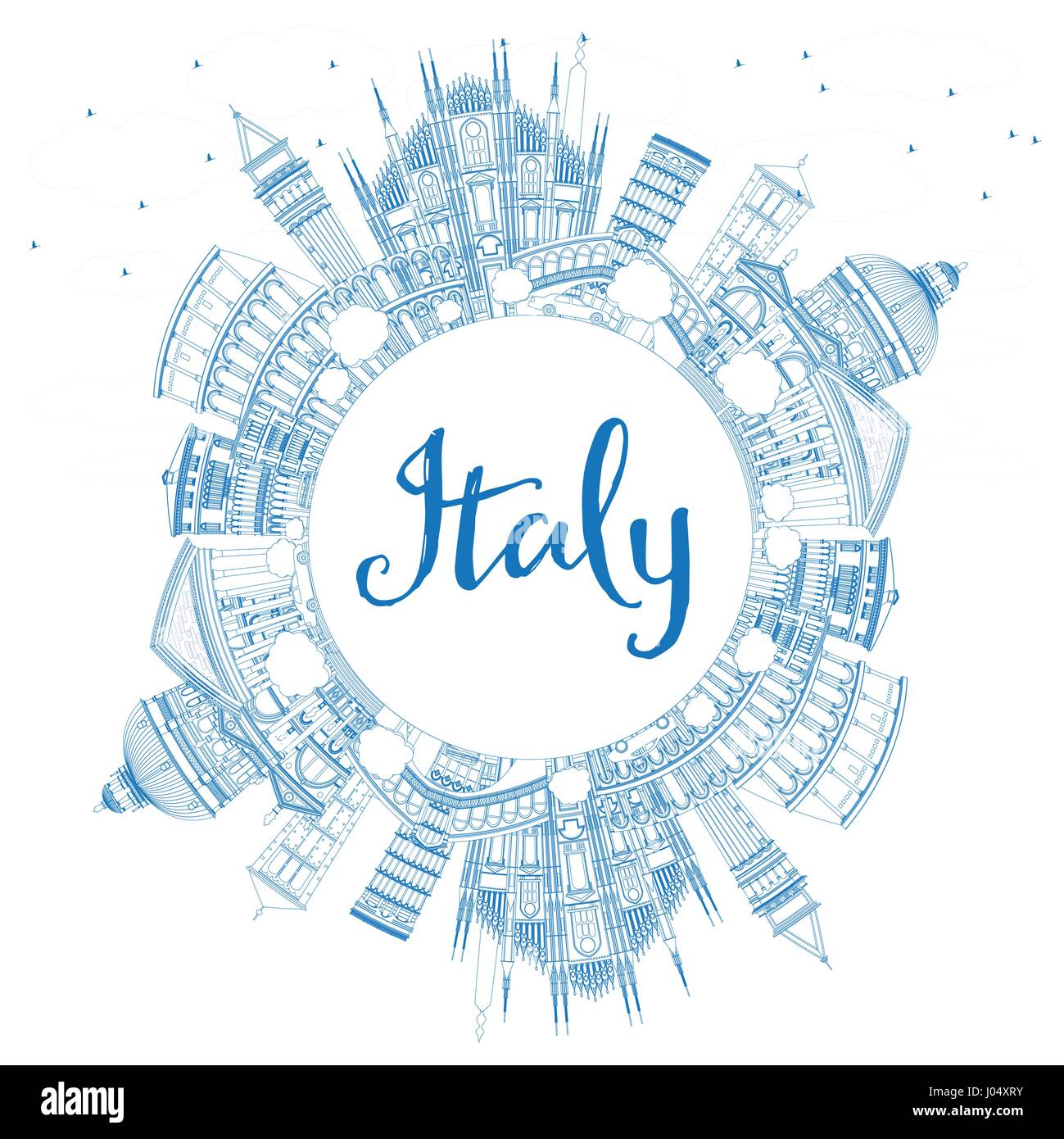 Outline Italia Skyline blu con punti di riferimento e copia dello spazio. Illustrazione Vettoriale. Viaggi di affari e di turismo con il concetto di architettura storica. Illustrazione Vettoriale