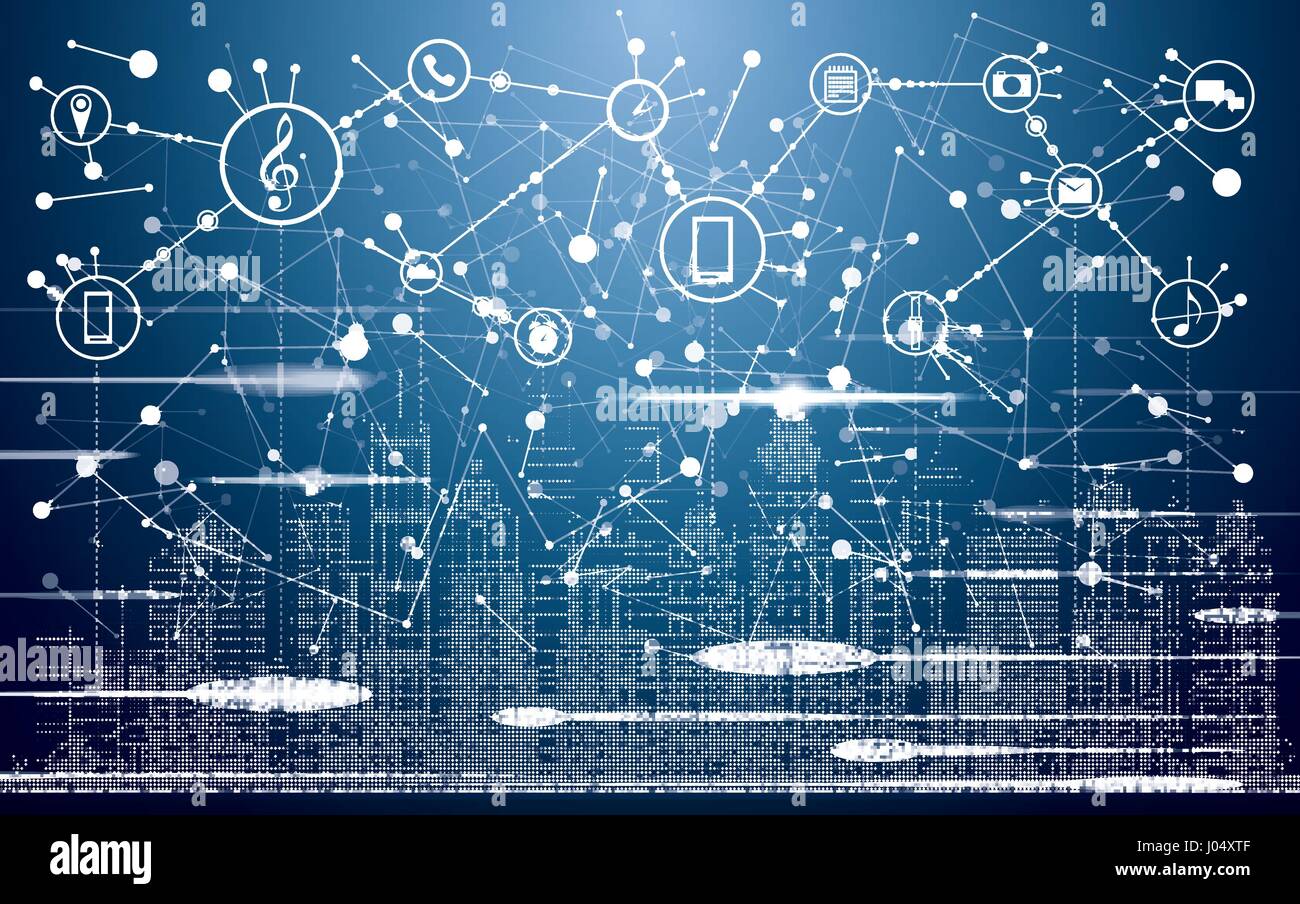 Smart City con neon edifici, reti e Internet delle cose icone. Illustrazione Vettoriale. Illustrazione Vettoriale