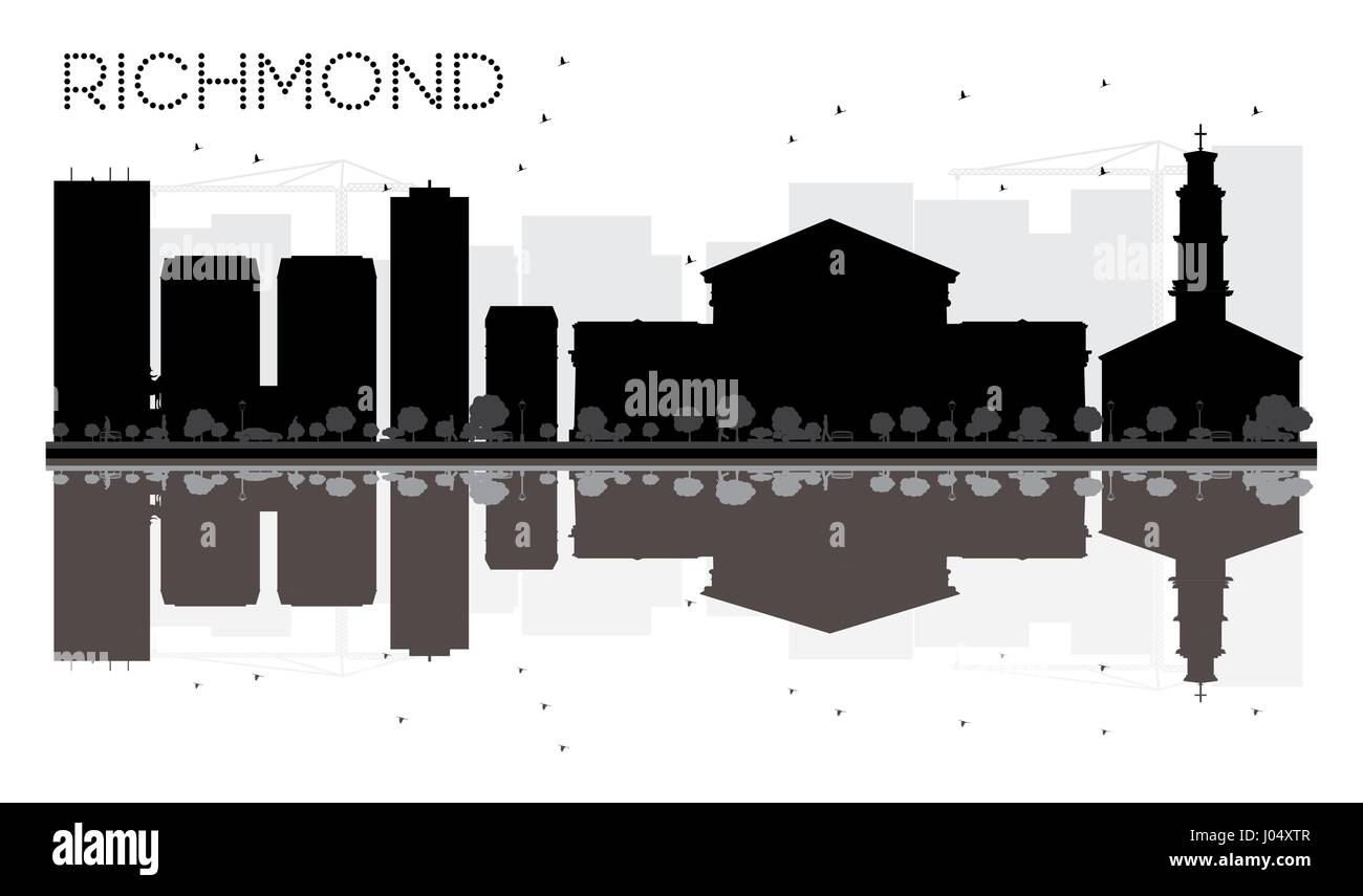 Richmond skyline della città in bianco e nero con silhouette riflessioni. illustrazione vettoriale. semplice piatto concetto per il turismo presentazione, banner, cartellone Illustrazione Vettoriale