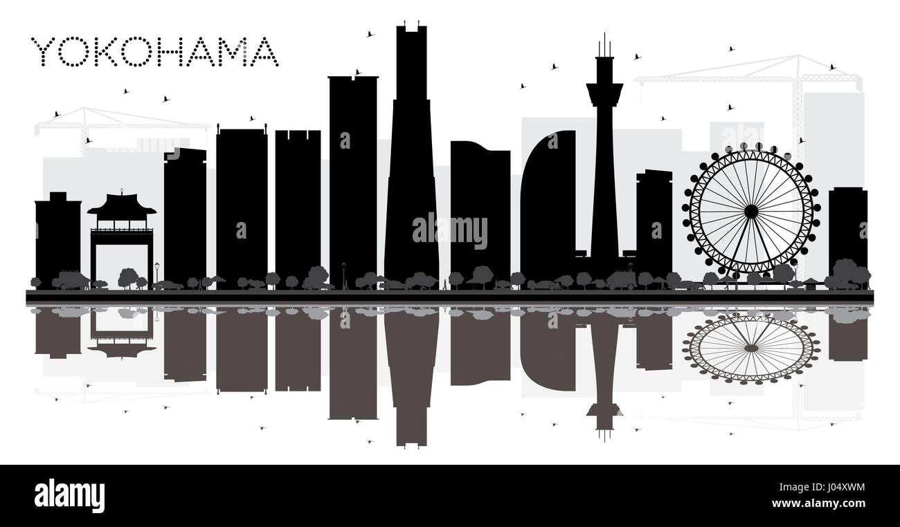 Yokohama City skyline in bianco e nero con silhouette riflessioni. illustrazione vettoriale. semplice piatto concetto per il turismo presentazione, banner, cartellone Illustrazione Vettoriale
