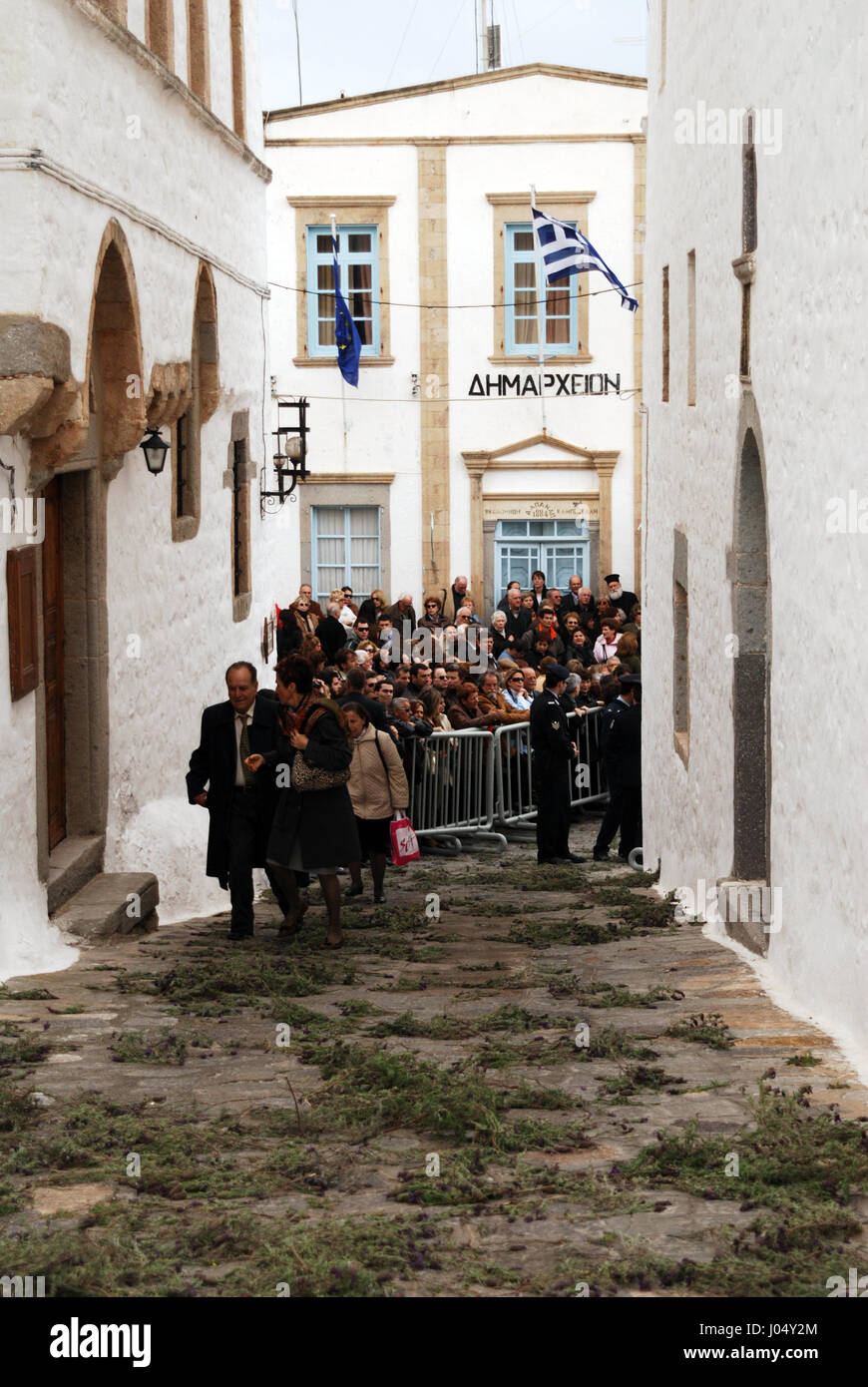 Settimana della Passione cristiana ortodossa, sull'isola greca dell'Apocalisse (Patmos), Giovedi di Maundy (cerimonia del "Lavino Foto Stock