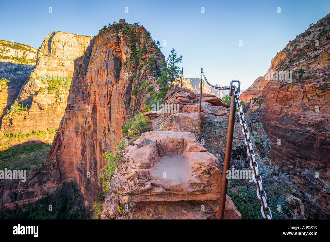 Vista panoramica del famoso Angels Landing sentiero escursionistico lead si affaccia su New Scenic 5 posti Zion Canyon in una giornata di sole in estate, Sion Nazione Park, Utah, Stati Uniti d'America Foto Stock