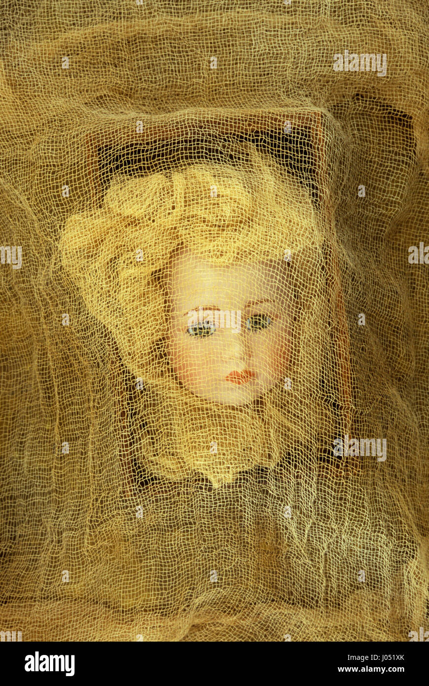 Testa della bambola contemporanea con gli occhi blu e rosa rossetto giacente nella casella e circondato e rivestito con materiale di reticella metallica Foto Stock