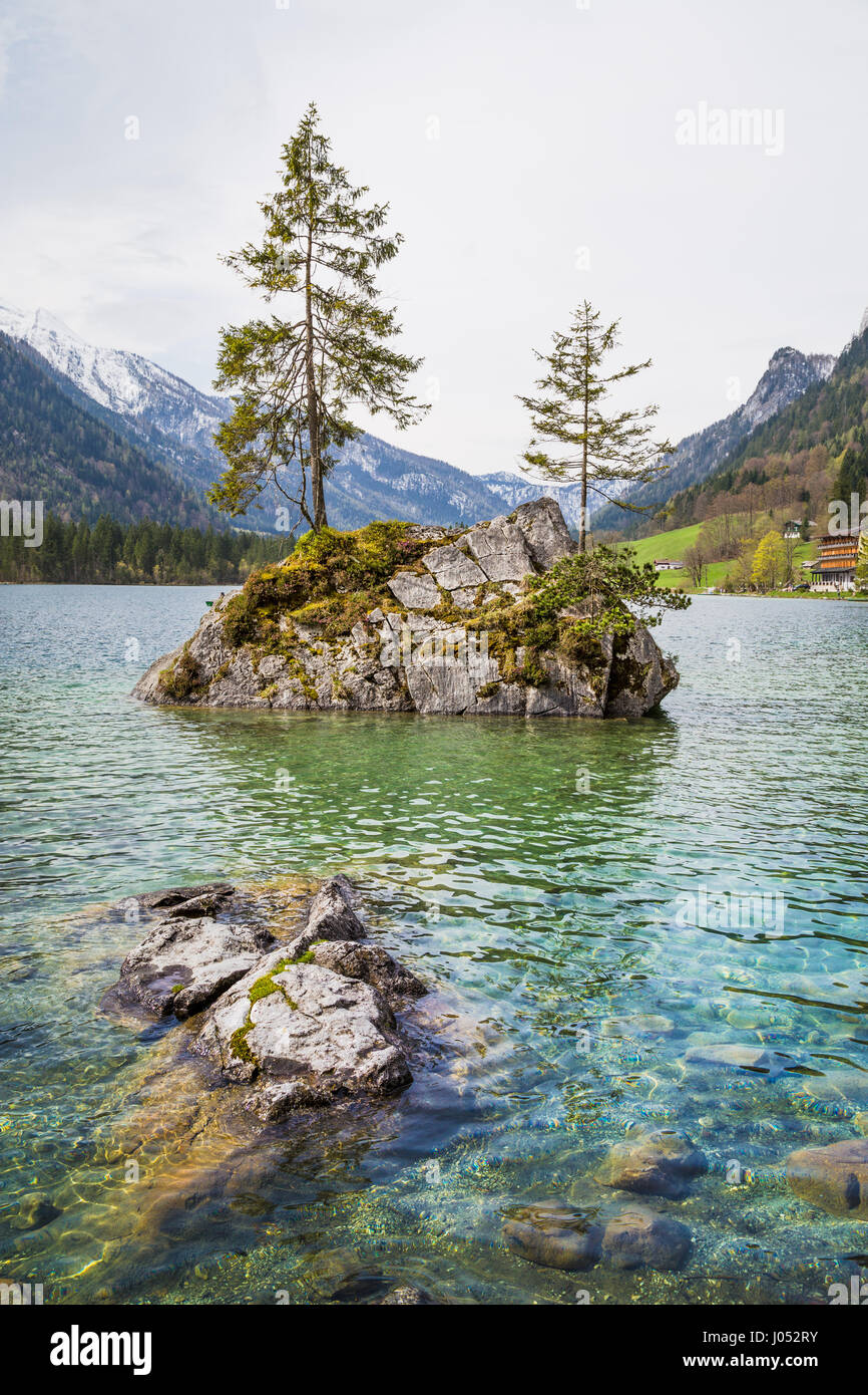Bellissima scena di alberi su un isola di roccia in uno scenario idilliaco presso l'incantevole lago di Hintersee, Nationalpark Berchtesgadener Land, Alta Baviera, Germania Foto Stock