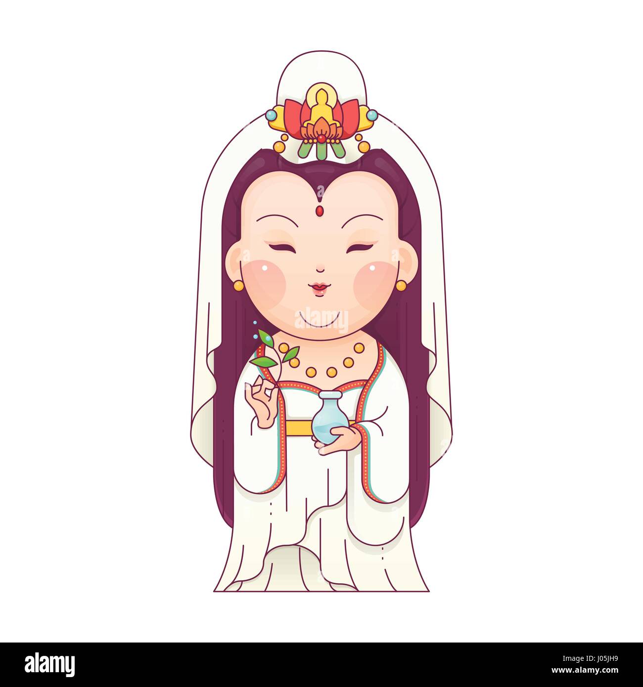Illustrazione Vettoriale di Guanyin la Dea della Misericordia. Dea cinese. Personaggio dei fumetti. Illustrazione Vettoriale